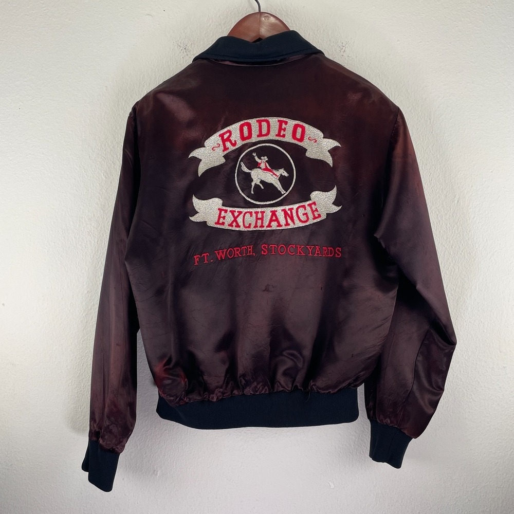 RARE Vintage 80s Rodeo Exchange Fort Worth Stockyards Satin Jacket Western Brown